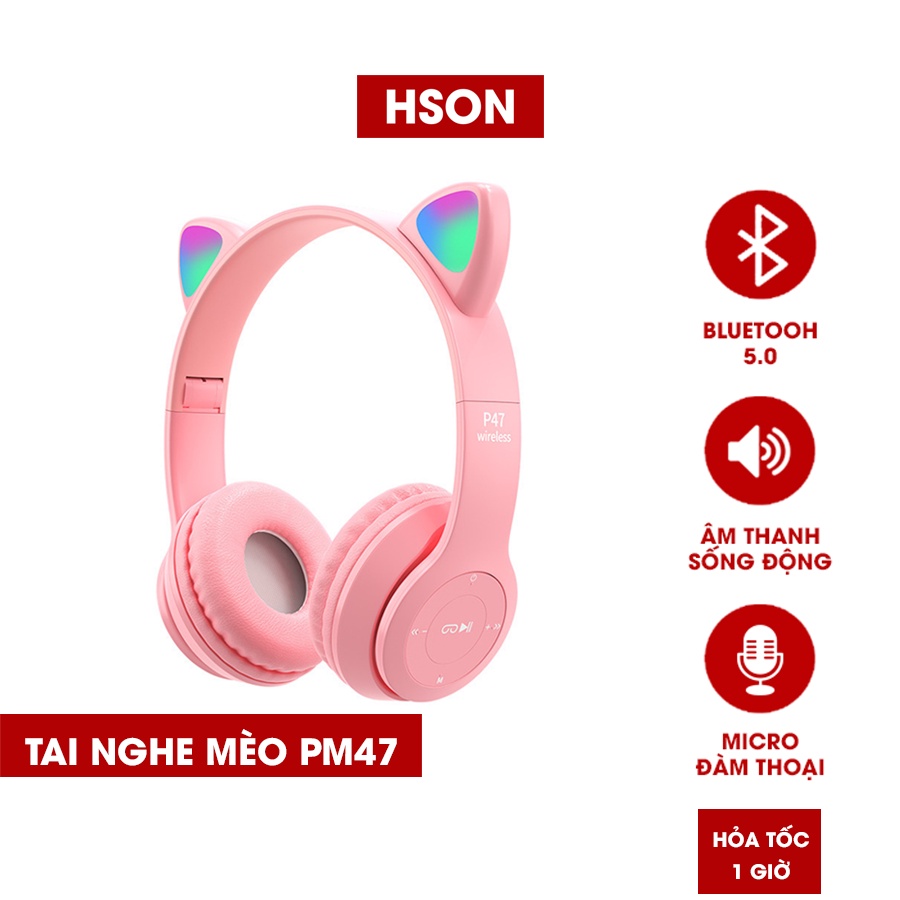 Tai nghe mèo, headphone chụp tai HSON bluetooth 5.0 P47M không dây hình tai mèo