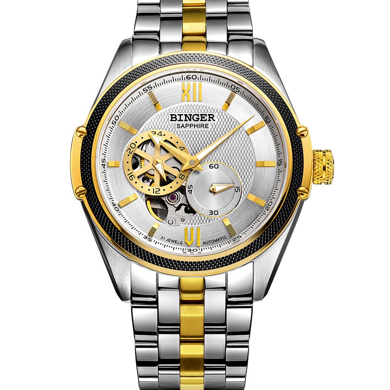 Đồng hồ cơ nam chronograph chạm rỗng Binger