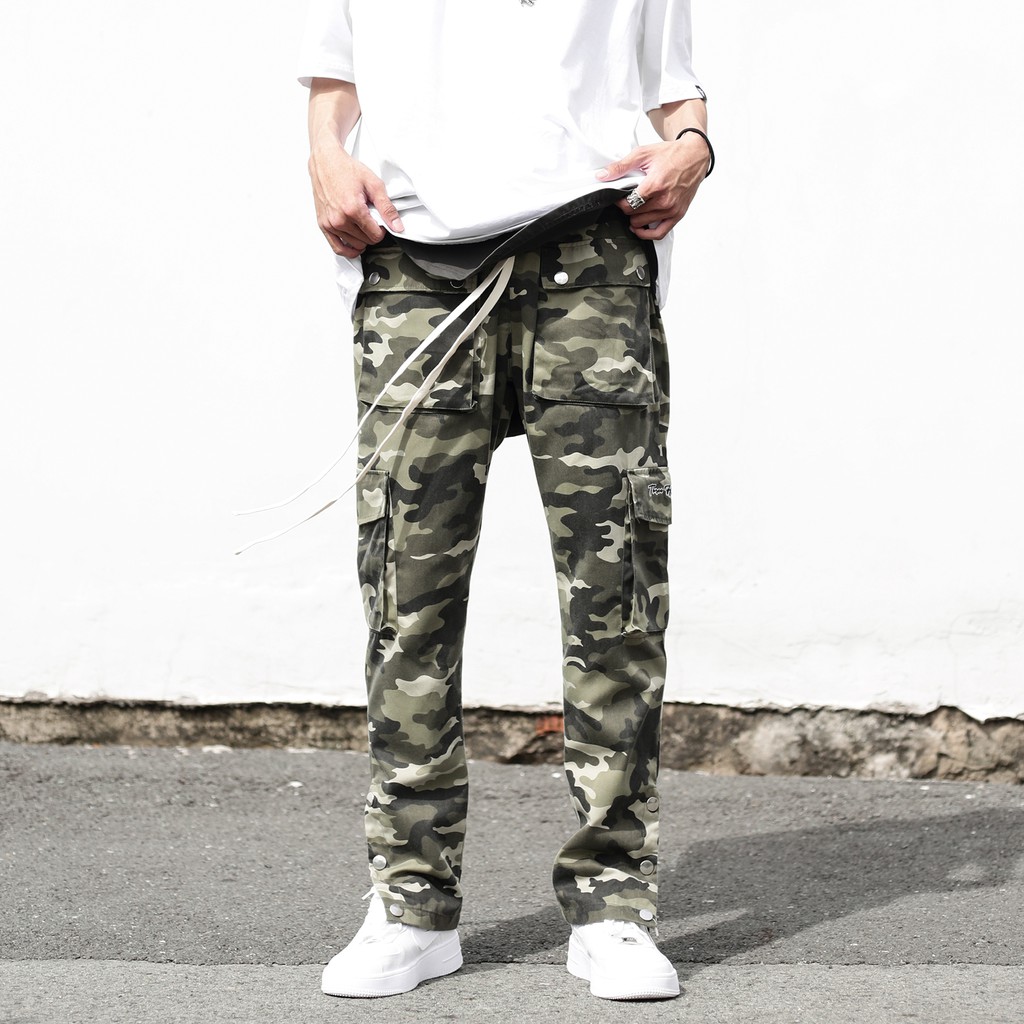 Quần Cargo 3Hundred Có Nút Bấm Túi Hộp Năng Động Chất Liệu Khaki Màu Xanh lá Camo