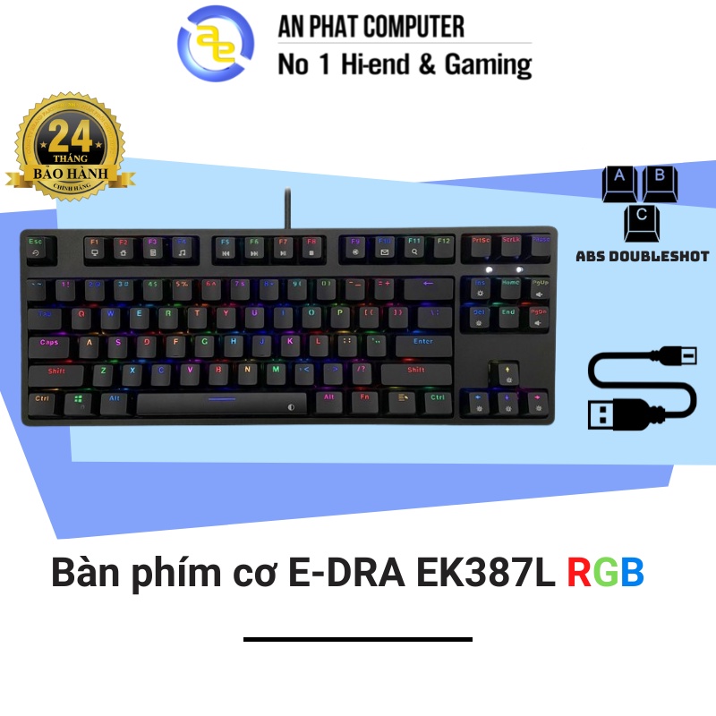 Bàn phím cơ GAMING E-DRA EK387L Led RGB Rainbow Swicth, Blue Brown Red