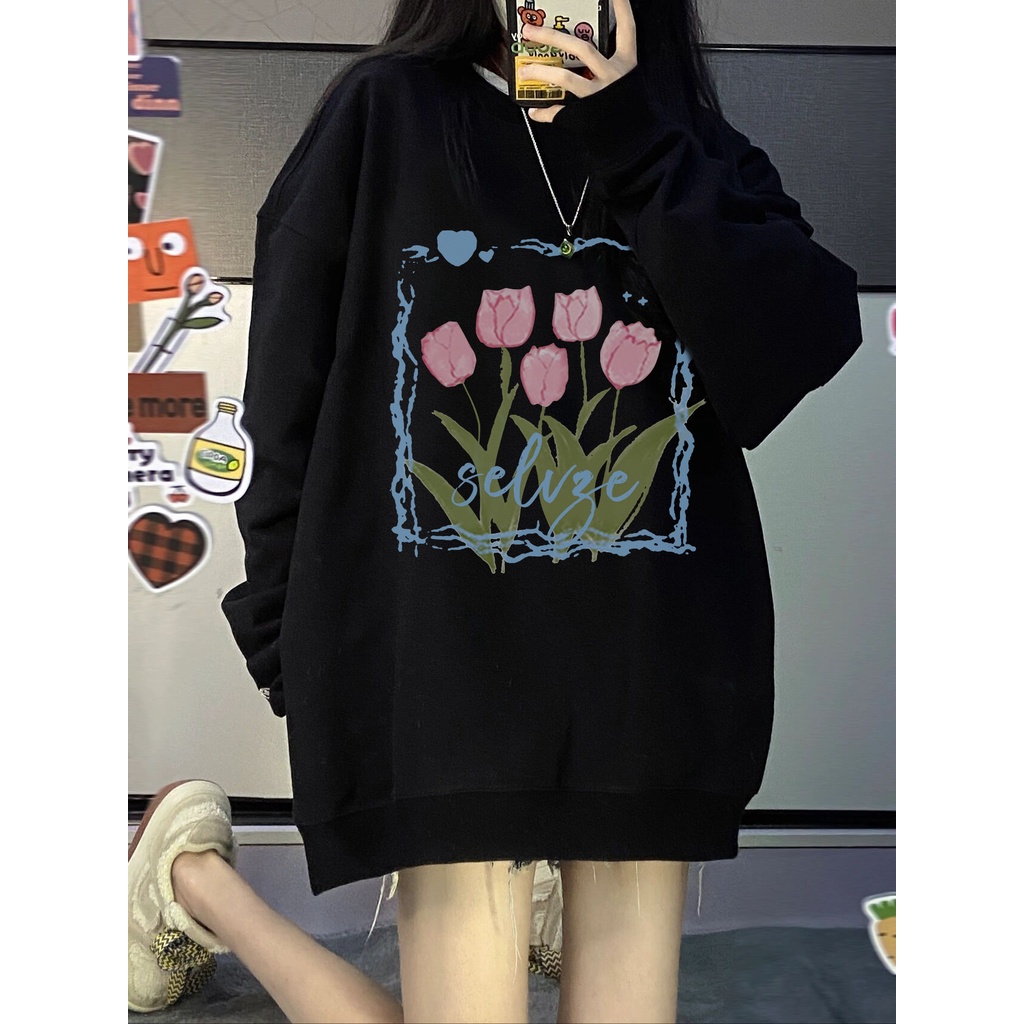 Áo sweater tay dài cổ tròn màu đen phong cách retro Mỹ dành cho nữ