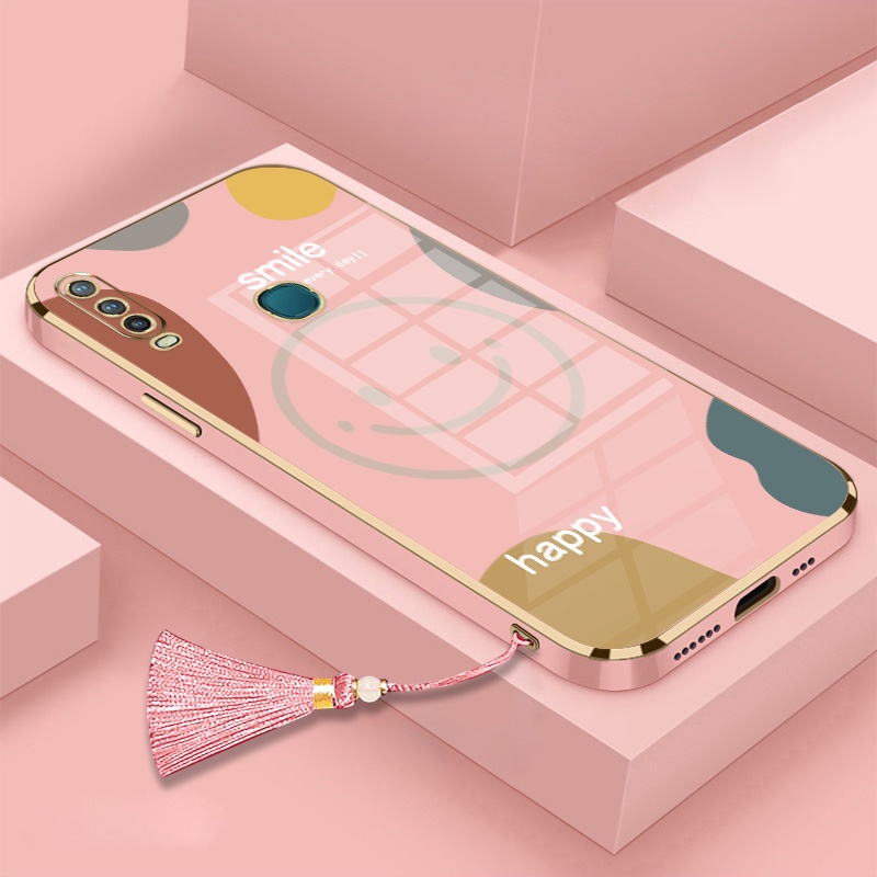 Ôp Điện Thoại Silicon Dẻo Mạ Điện Họa Tiết Mặt Cười Hạnh Phúc Kèm Dây Đeo Tua Rua Cho vivo y11 y12 y15 y17 y19