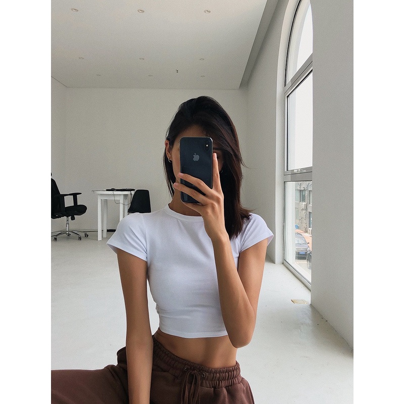 Áo croptop trơn dáng ngắn ôm nữ tay ngắn Freesize vải thun co dãn
