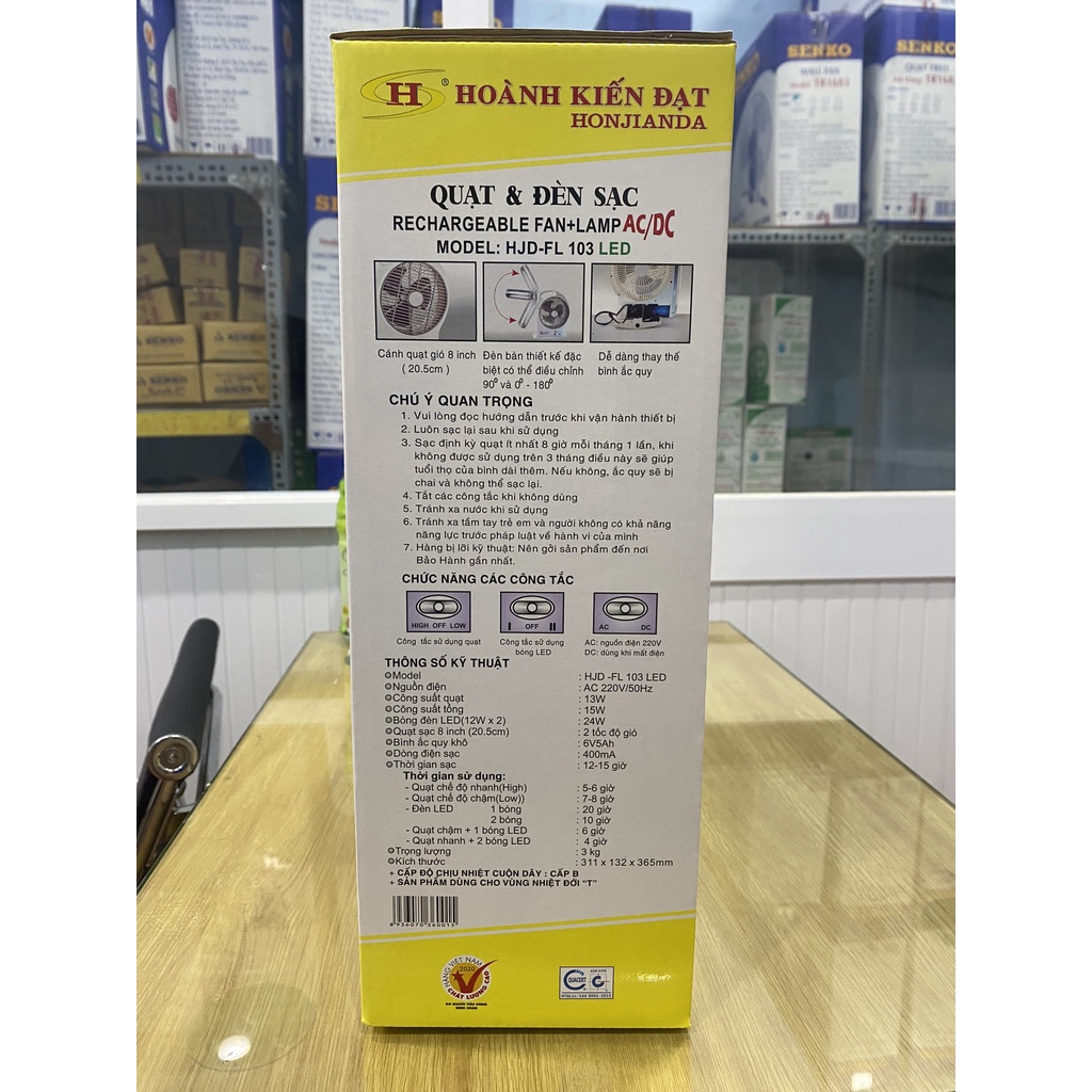 Quạt sạc tích điện Honjianda HJD- FL101 kiêm đèn led, công suất 6W dùng khi nhà mất điện - Hàng chính hãng