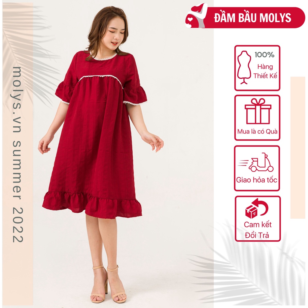 Đầm bầu công sở dáng dài MOLYS M2256 phối ren tay xòe vải xốp nhăn thoáng mát tôn dáng đủ size đến 80kg
