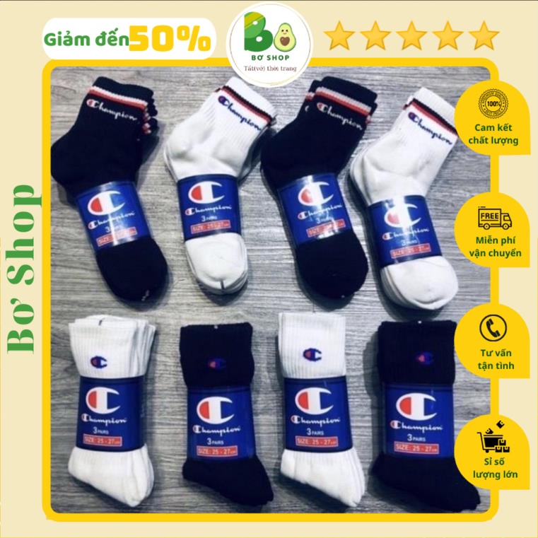 Tất thể thao cao cổ Champion đen dày dặn, thấm hút cao cấp
