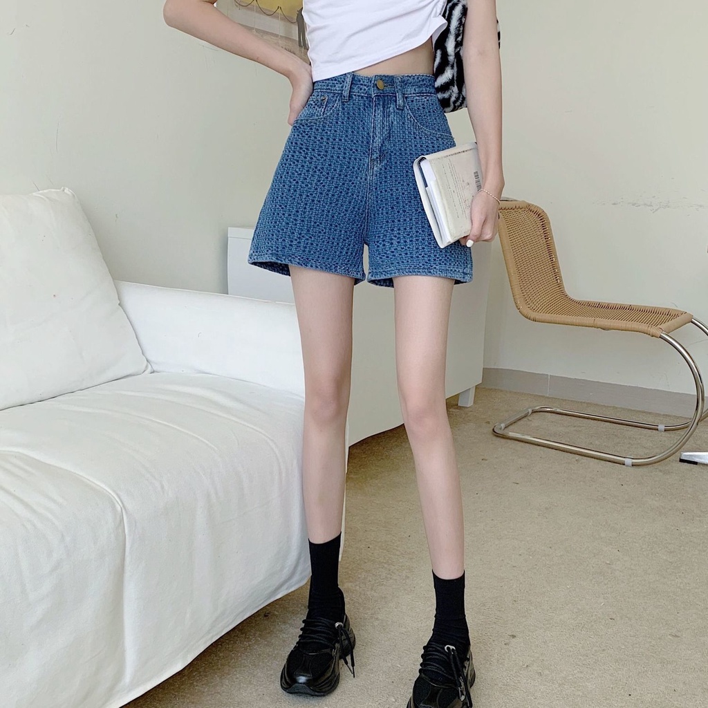 Quần short denim lưng cao ống rộng thiết kế thời trang mùa hè phong cách Hàn Quốc cho nữ
