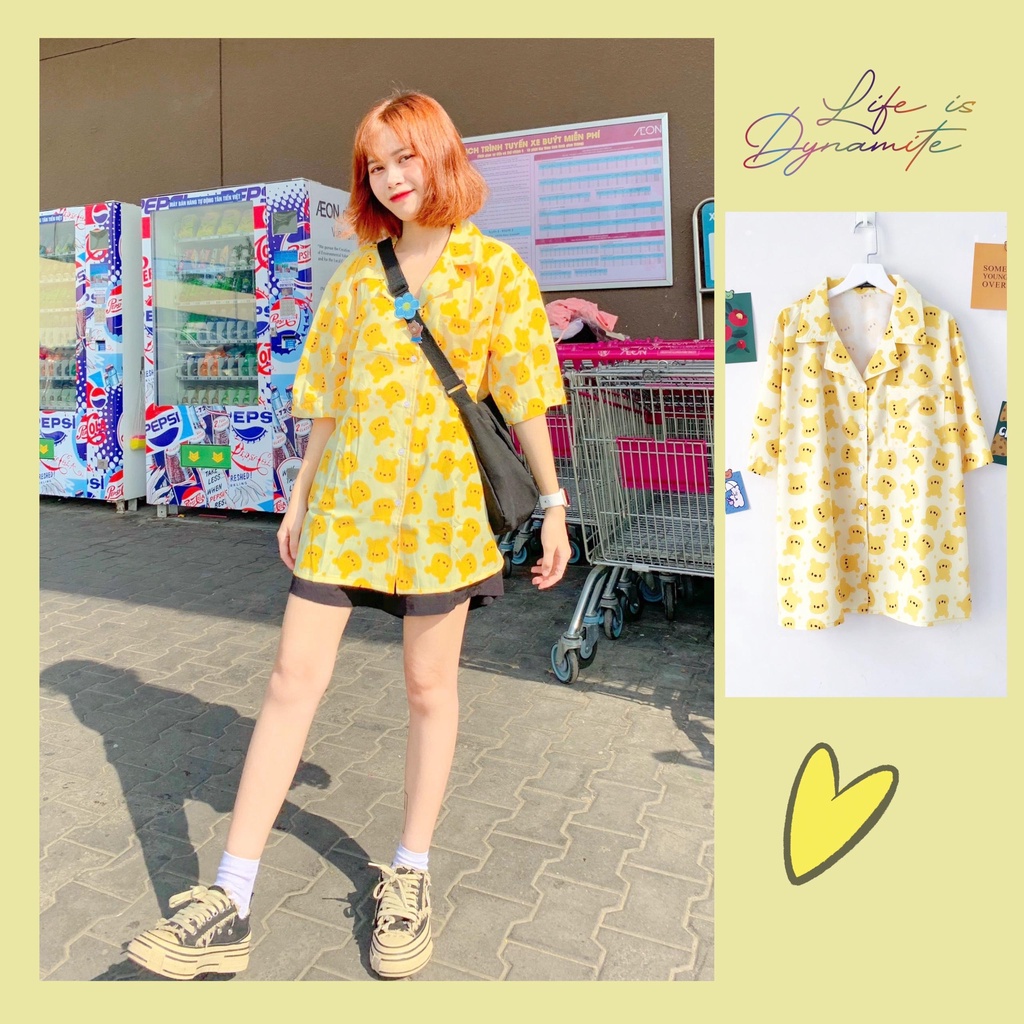 Áo Sơ Mi Họa Tiết Gấu Vàng Tay Lỡ Dáng Rộng Ulzzang Unisex, Sơ Mi Đi Biển - MM