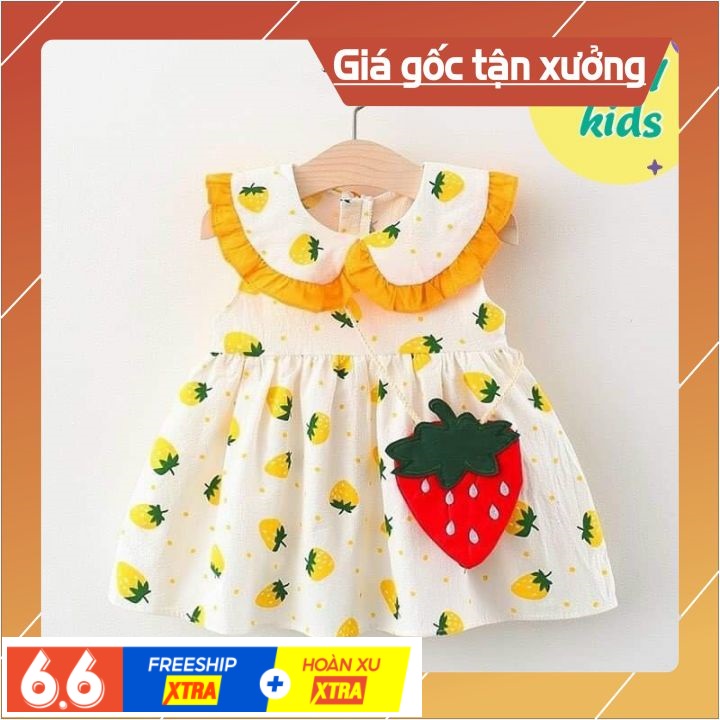 Váy dâu tây 🎁 MIỄN PHÍ VẬN CHUYỂN- MIỄN PHÍ ĐỔI TRẢ🎁 váy xinh, váy bé gái vải đũi mát ngày hè cho bé 10-24kg