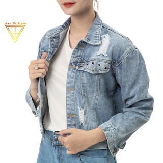 Áo khoác jean nữ TH Store bò nắp túi đục lỗ chống nắng cá tính ulzzang chống nắng