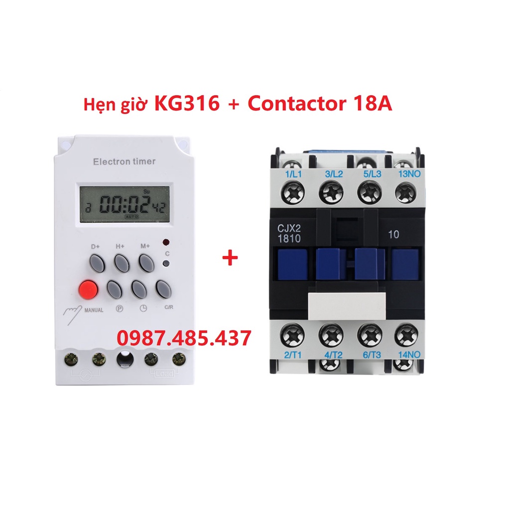 Combo hẹn giờ timer KG316 + Contactor CJX2-18A Hẹn giờ tự động cho đèn đường, bơm nước