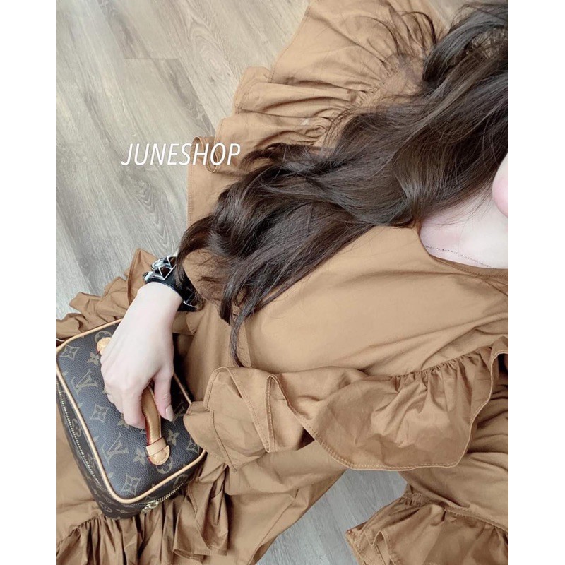 Váy đầm thô trơn nâu viền bèo chất đẹp L1 | BigBuy360 - bigbuy360.vn