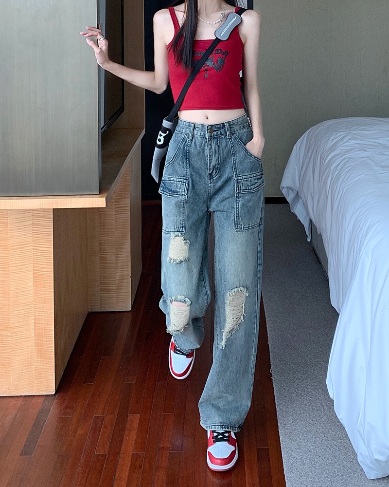 Quần Denim Ống Rộng Lưng Cao Phối Vết Rách Phong Cách Mỹ Thời Trang Mùa Thu Hàng Mới 55925