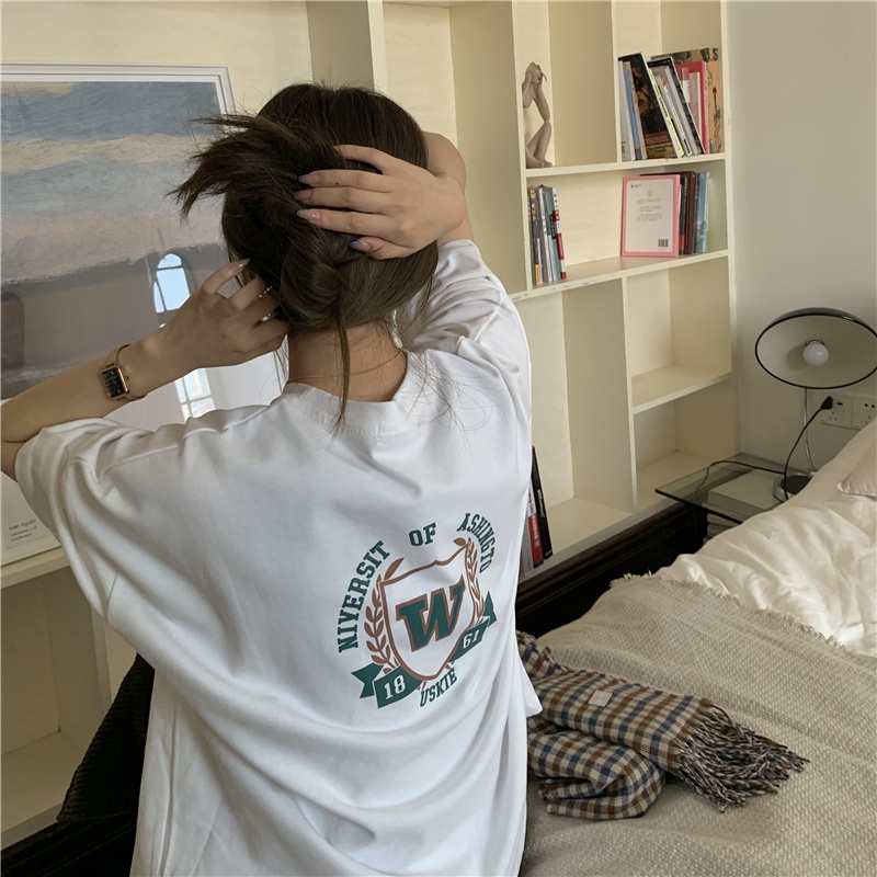 Áo thun SUXI cotton tay ngắn dáng rộng in chữ thời trang mùa hè cho nữ