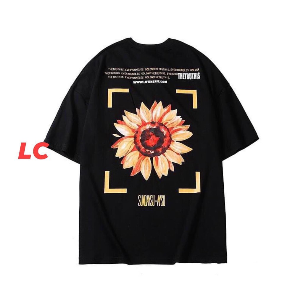Áo thun unisex tay lỡ nam nữ form rộng Hoa Hướng Dương oversize hai màu xanh đen basic tee phông full size