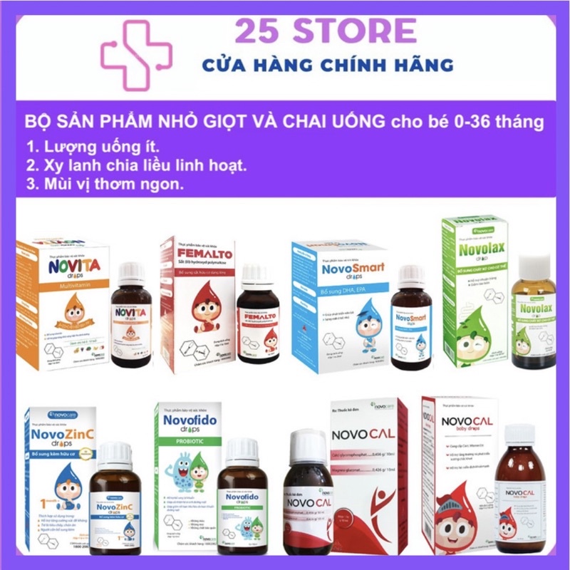 DÒNG SẢN PHẨM NHỎ GIỌT VÀ CHAI UỐNG NOVOZINC NOVOCAL NOVITA FEMALTO NOVOSMART NOVOFIDO NOVOLAX