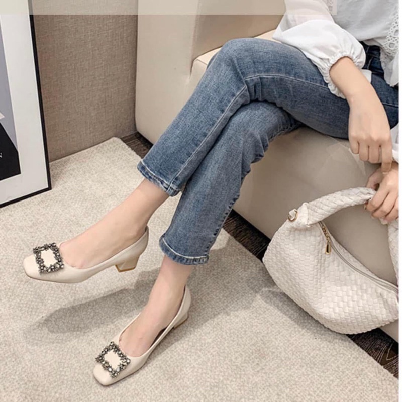 Giày 4p mũi vuông đính đá