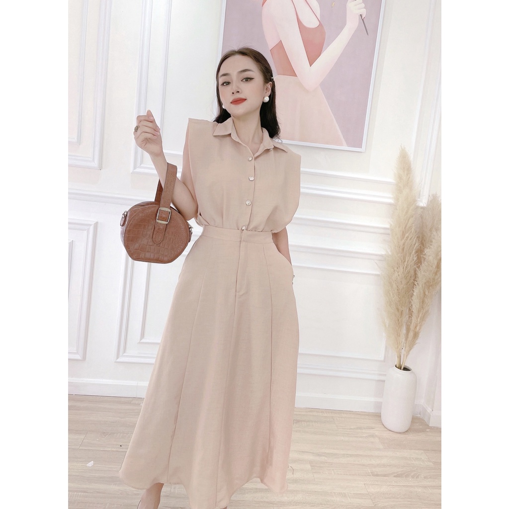 Set Áo Sơ Mi Và Chân Váy Dài Công Sở NHẬT VY Dáng Xoè Có Nút Gài Chất Linen Màu Nude - D2391