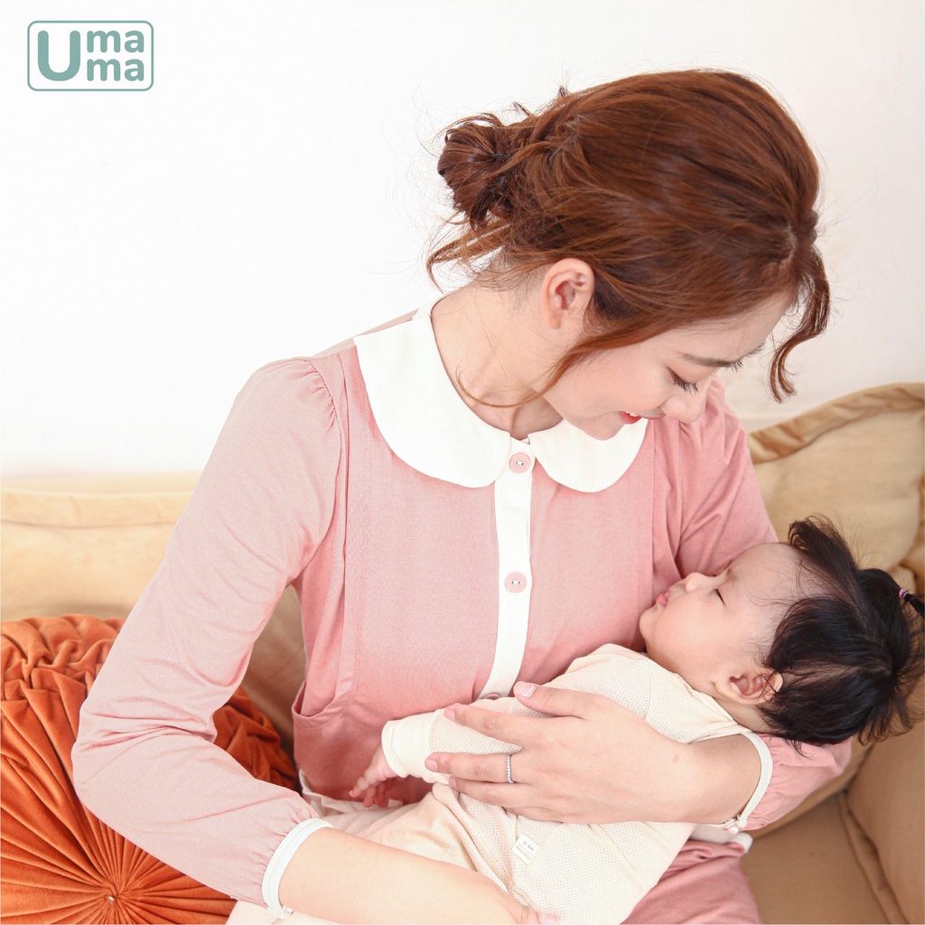 Bộ quần áo mẹ bầu sau sinh cho con bú mặc nhà Ualarogo dài tay cotton cổ sam 2 túi mềm thấm hút thoáng mát