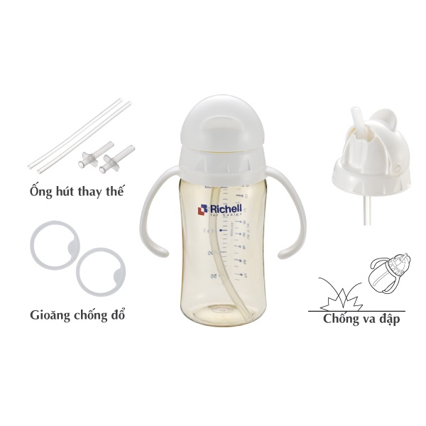 Bình tập uống Richell nhựa PPSU có ống hút 200ml / 260ml / 320ml