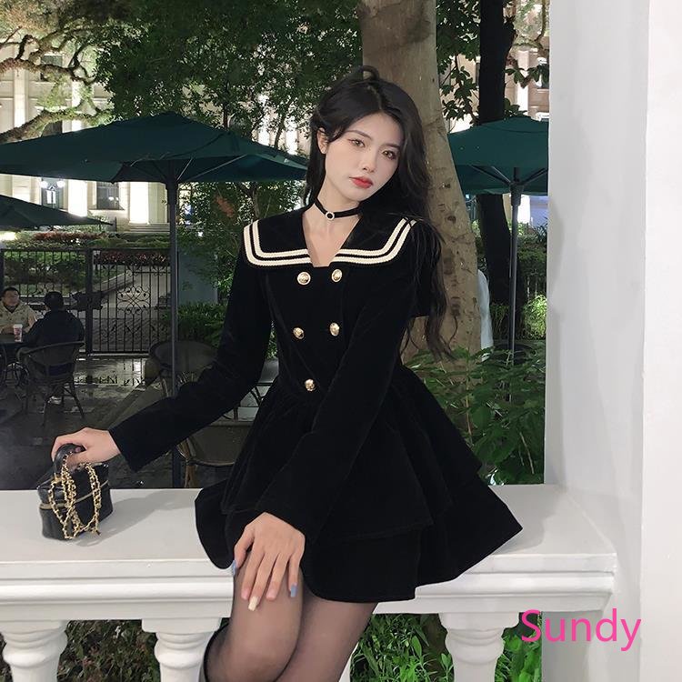 Plus Đầm Tay Dài Cổ Thủy Thủ Thời Trang Xuân Thu Cho Nữ