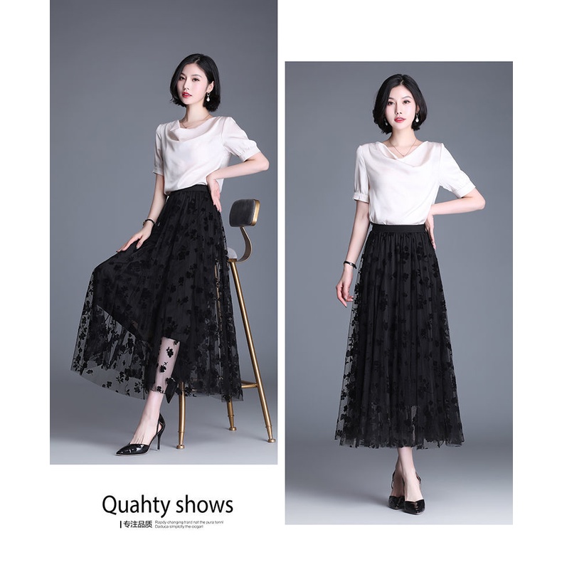 Chân Váy Chữ A Xếp Ly Lưng Thun Phối Lưới In Hoa Dễ Thương Cho Nữ