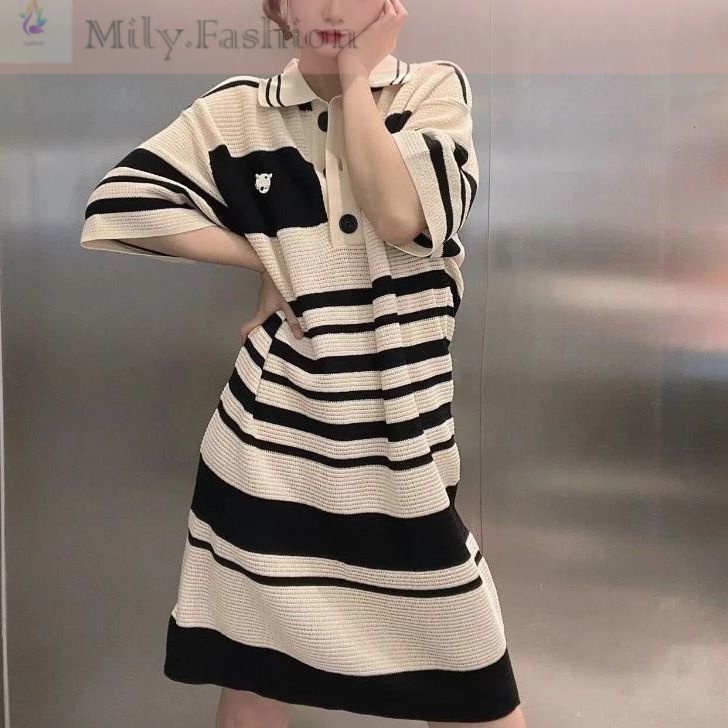 Đầm Thun POLO Ngắn Tay Dáng Suông Cổ Bẻ Họa Tiết Kẻ Sọc Phong Cách Retro Thời Trang Mùa Hè Hàng Mới 2022