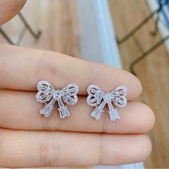 Khuyên tai tròn và nhẫn bướm siêu đẹp, đá nhân tạo sáng bạc thật mạ vàng trắng