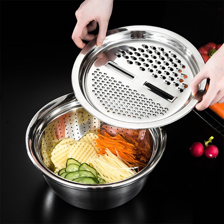 [Thánh cạo củ quả] Bộ 3 Rổ Inox Kèm Nạo Rau Củ Tiện Dụng