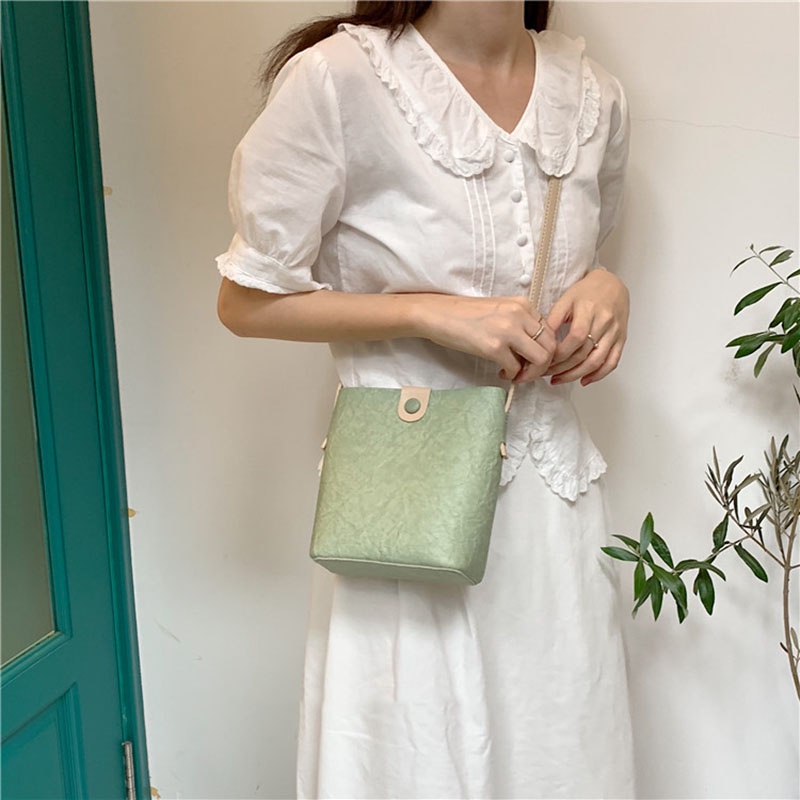 Túi đeo chéo mini bằng da PU màu xanh lá đơn giản thời trang cho nữ