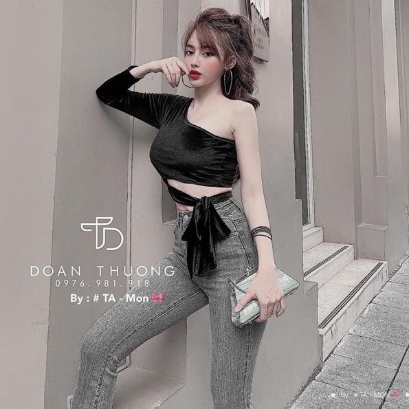 Áo croptop tay dài phối da beo