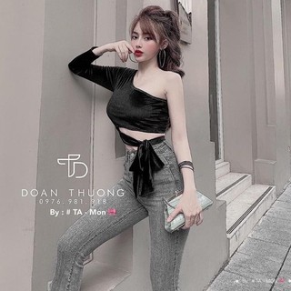 Áo croptop tay dài phối da beo