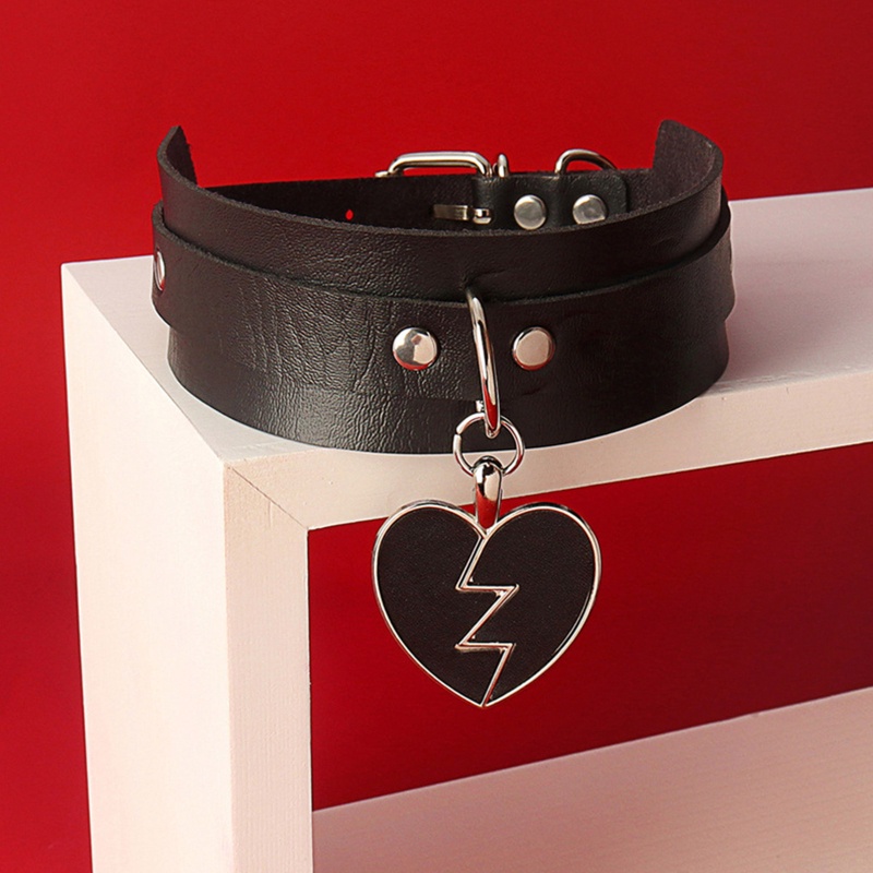 Vòng Cổ Choker Da Pu Màu Đen Phối Mặt Trái Tim Vỡ Có Thể Điều Chỉnh Kích Cỡ