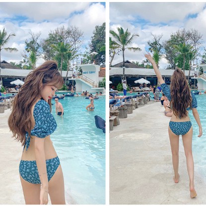 Bikini cổ vuông tay phồng hot trend nhún ngực hàng Quảng Châu - Xanh retro