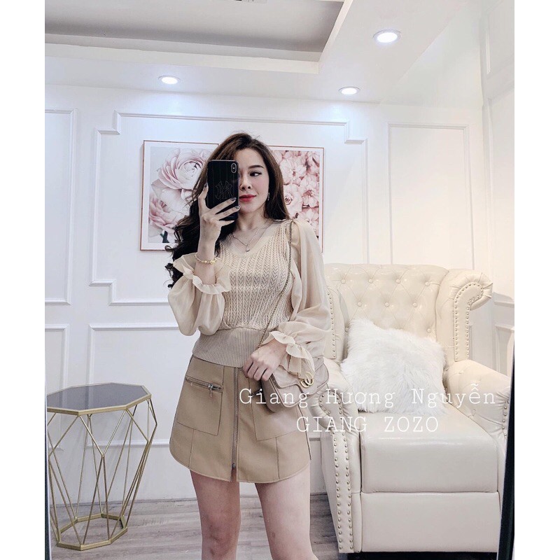 Áo len cổ tim pha tay voan QC (ảnh thật)