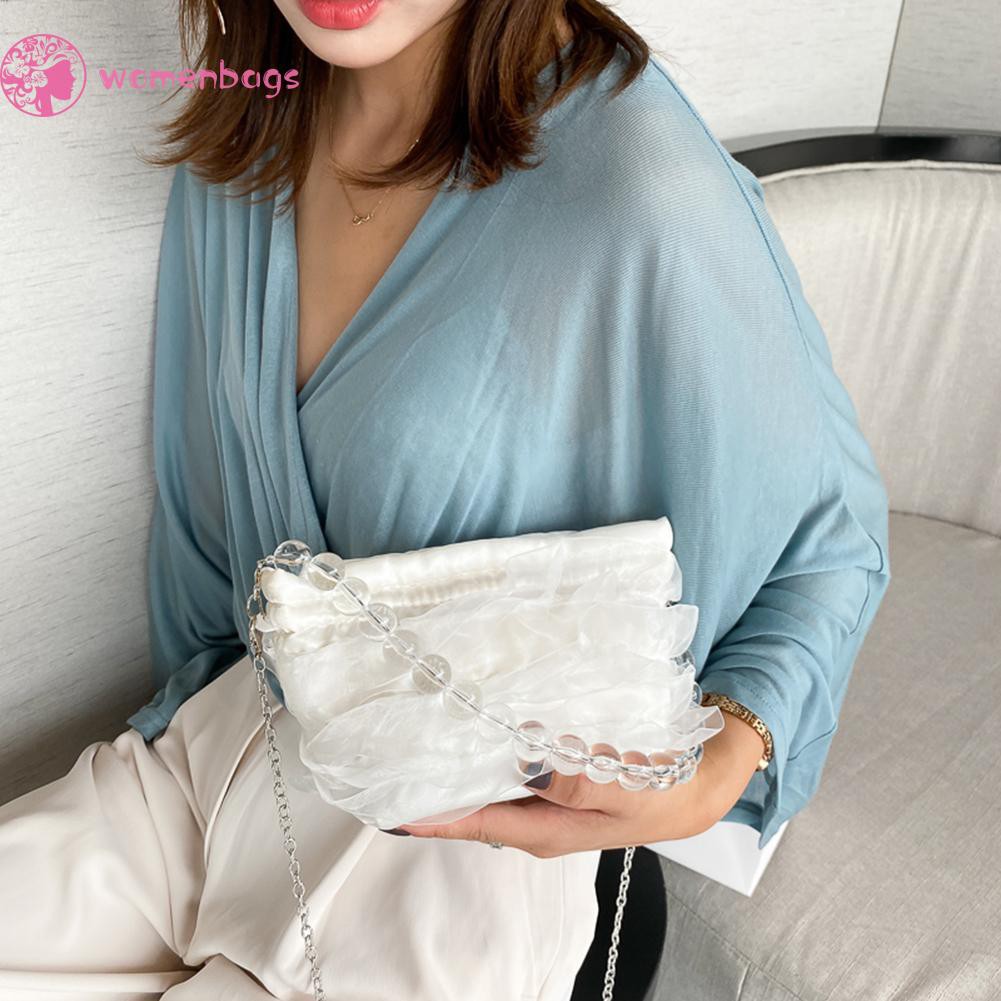 Túi đeo vai/ xách tay lụa satin lưới phối chuỗi dây hạt acrylic thanh lịch thời trang cho nữ | BigBuy360 - bigbuy360.vn