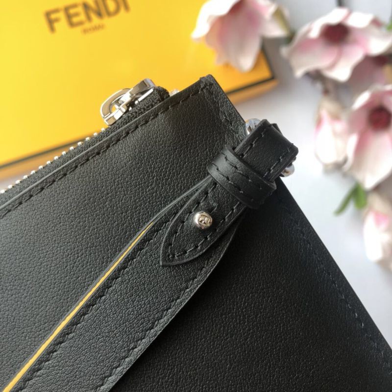 clutch cầm tay nam nữ da thật dáng dài kéo khóa có quai cầm tay họa tiết mắt màu vàng Fendi FD