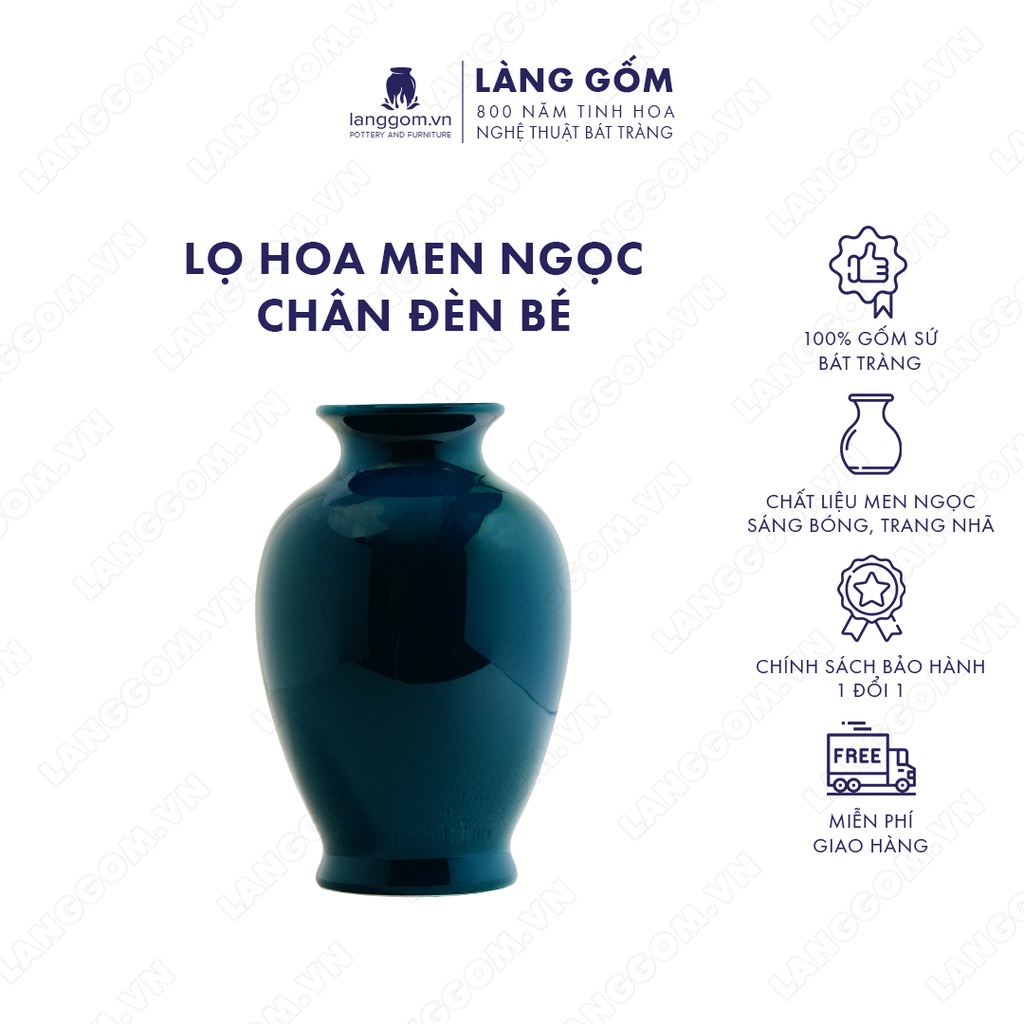 Bình cắm hoa trang trí chân đèn bé, men ngọc, gốm sứ Bát Tràng cao cấp, dùng để bàn, phòng khách - LÀNG GỐM