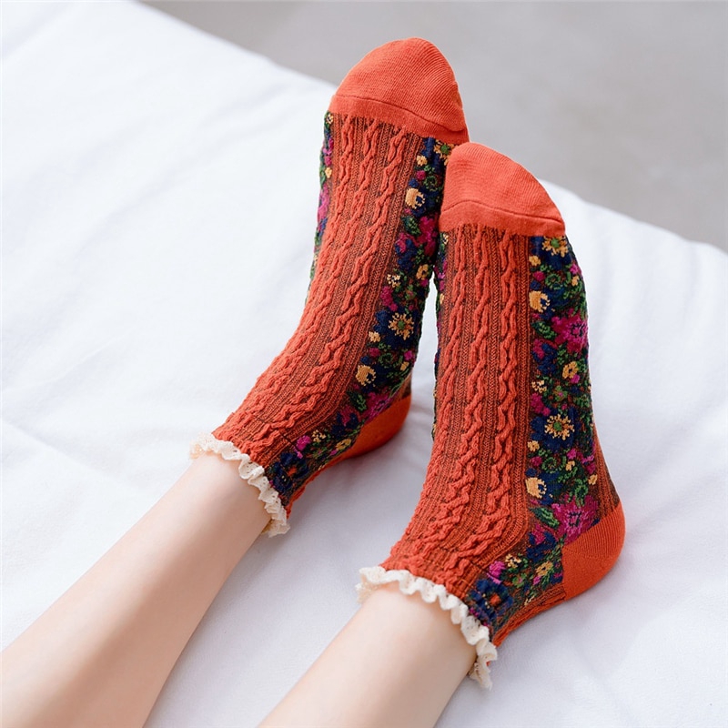 Vớ vải cotton viền rũ nhăn họa tiết hoa xinh xắn cổ ngắn chống trượt phong cách vintage