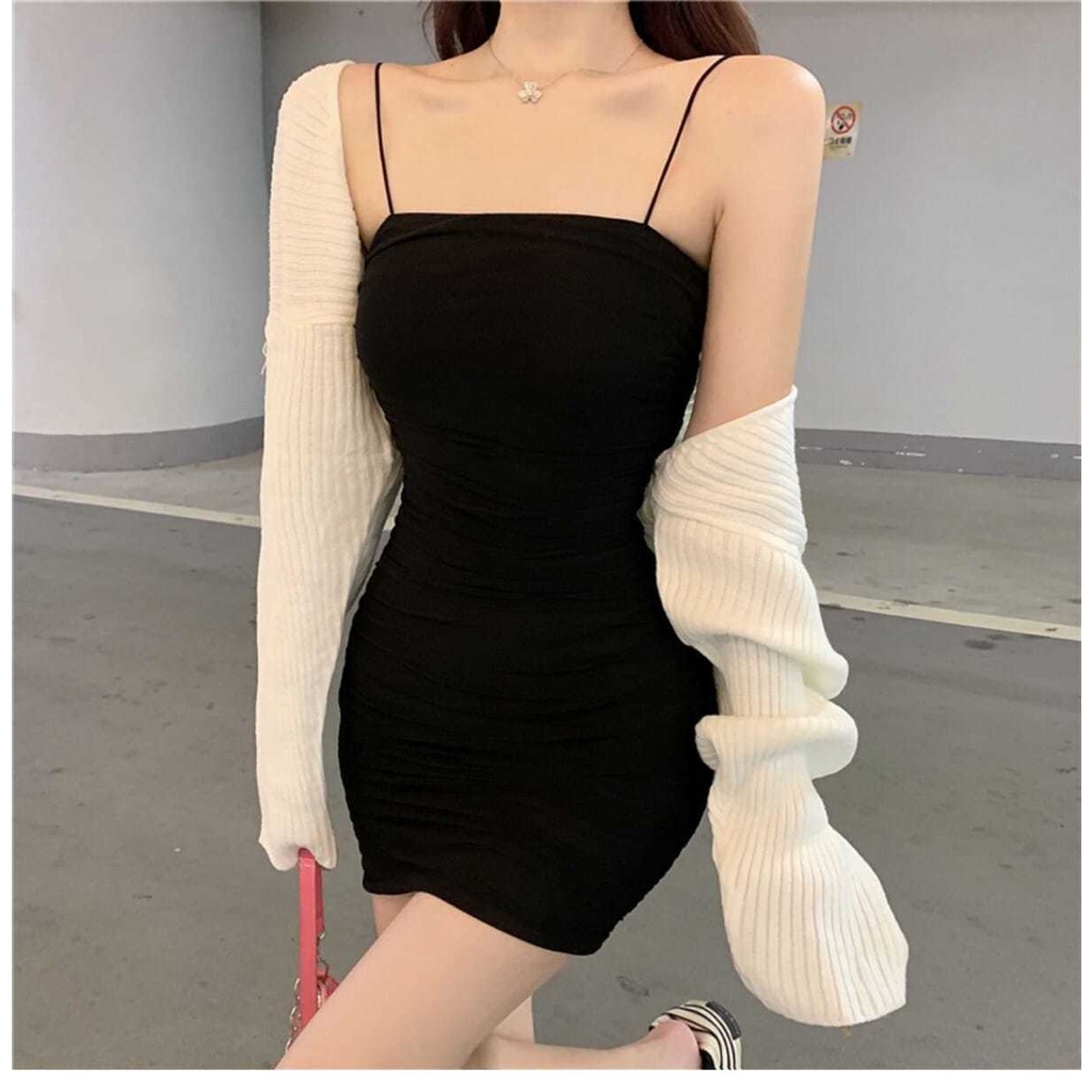 Happy-store  Đầm Ôm hai dây trễ vai Dáng Màu Trơn Thời Trang Mùa Hè Phong Cách Hàn Quốc Cho Nữ