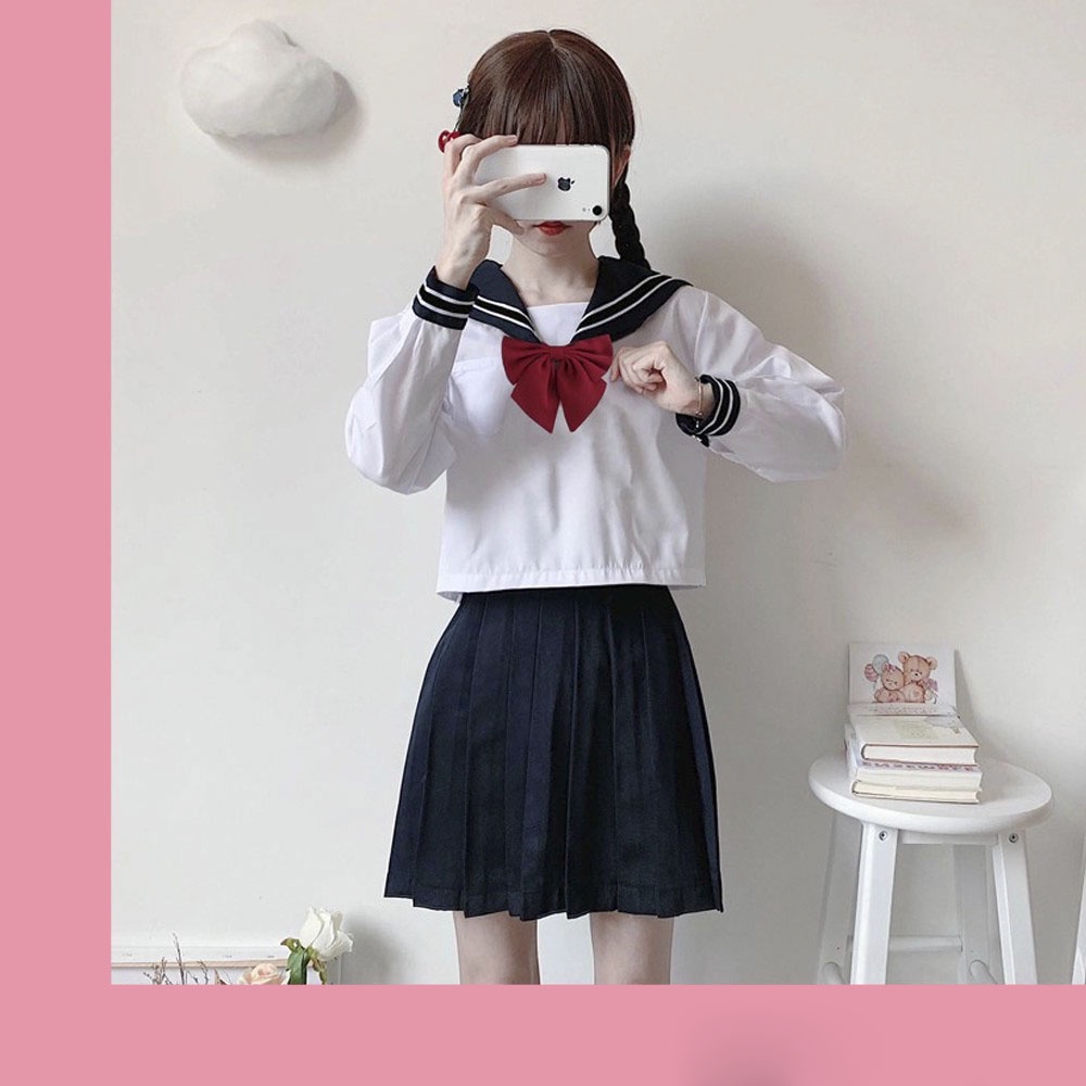 Set đồng phục thủy thủ mặt trăng áo trắng nơ đỏ mix chân váy xếp ly phong cách nữ sinh JK Nhật Bản S00032