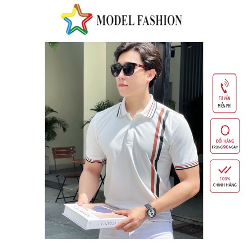 Áo thun polo nam nữ tay ngắn trắng sọc nâu dọc hàn quốc Model Fashion