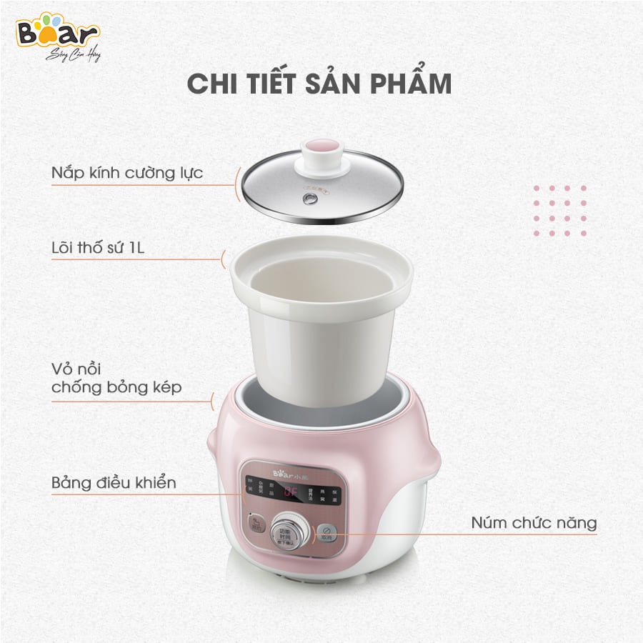 Nồi Nấu Cháo Cho Bé Hầm Chậm Đa Năng Đẹp Tiện Dụng Bear Dung tích 1 Lít DDZ-D10B1S- HiMect