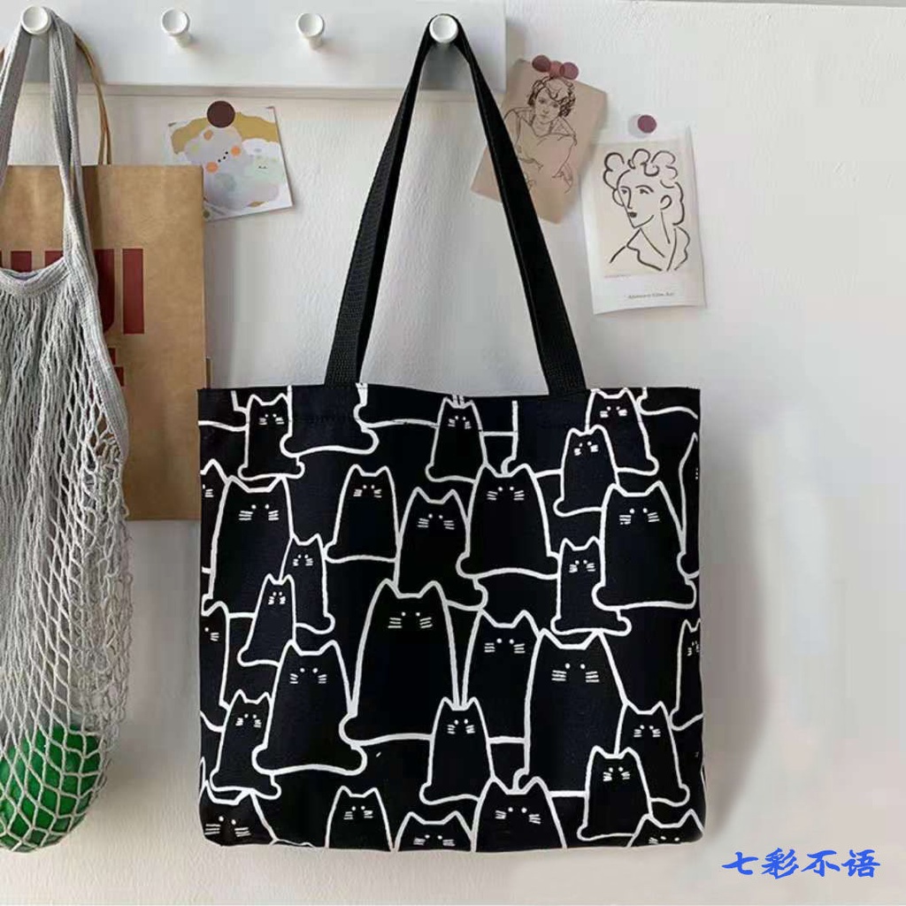 Túi đeo vai bằng vải canvas họa tiết mèo đáng yêu