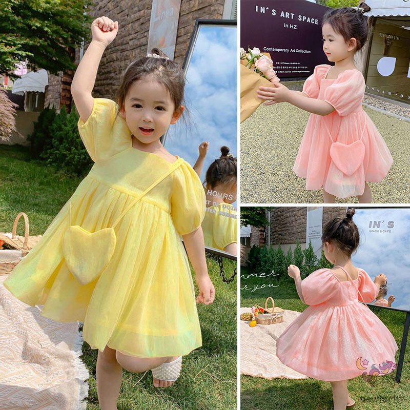 Bộ Đầm Công Chúa Vải Voan Phồng Kiểu Hàn Quốc Thời Trang Mùa Hè Kèm Túi Dành Cho Bé Gái