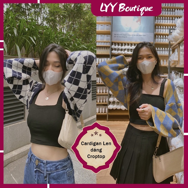 Áo cardigan len DÁNG ÁO CROPTOP họa tiết caro chất len Quảng Châu LYY BOUTIQUE