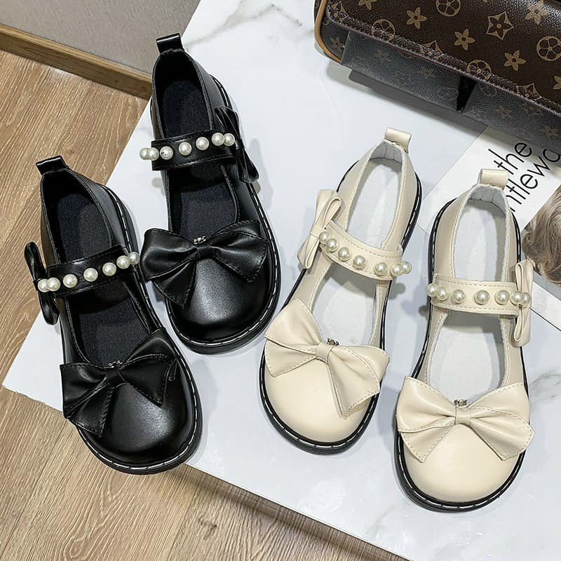 Giày lolita gắn nơ quai ngang đính ngọc siêu xinh - màu đen/kem | BigBuy360 - bigbuy360.vn