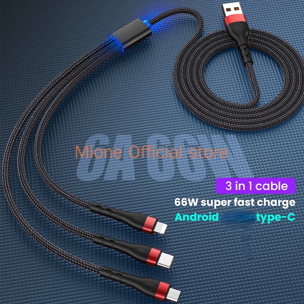 Dây cáp sạc MIONE 3 trong 1 bện 6A 66W Micro USB Type C 5A thích hợp cho iPhone Samsung
