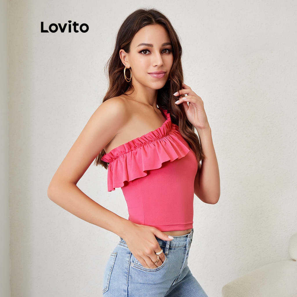 Lovito Boho Áo thun một vai L24LE015 (Hồng nóng)