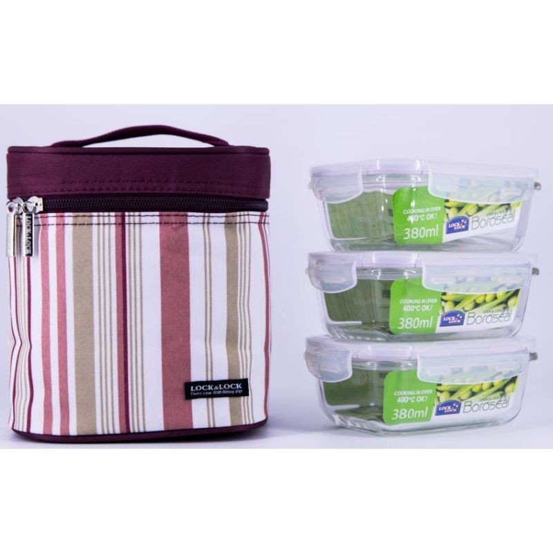 BỘ HỘP CƠM THUỶ TINH KÈM TÚI GIỮ NHIỆT LOCK&LOCK LLG422S3 (3x380ml) - màu kẻ xanh và màu kẻ đỏ | BigBuy360 - bigbuy360.vn